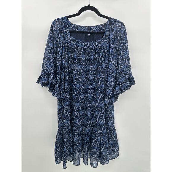 Anna Sui Uniqlo Flutter Sleeve Tiered Blue Floral Printed Dress Size Large - Picture 1 of 11